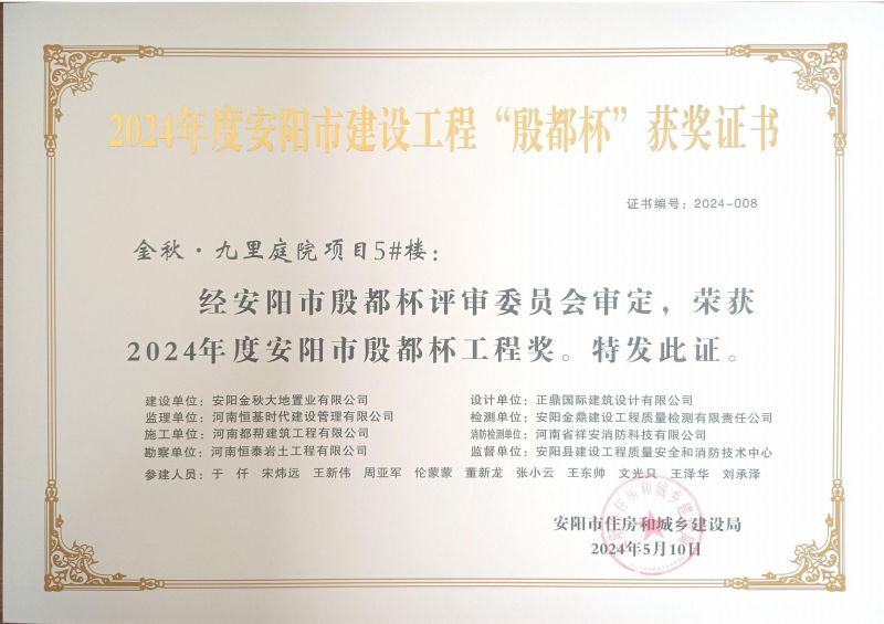 2024年度九里庭院安阳市殷都杯证书及文件